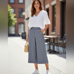 Joie Wide Leg Copped Striped Linen Pullon Pants Womens Size Large Coastal Summer